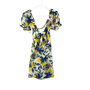 Luxxel Women Multicolor Mini Dress Small Puff Sleeve Floral Lemon Birds Colorful